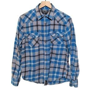 Filter Shirt Mens M Blue Plaid Pearl Snap Flannel Long Sleeve Western Cowboy